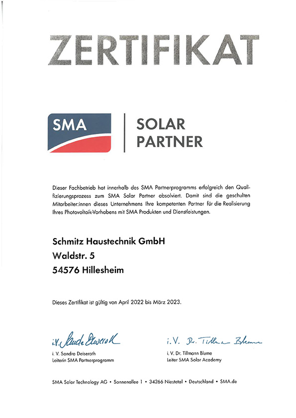 Zertifikat SMA Solar Fachpartner
