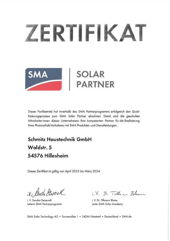 Zertifikat SMA Solar Fachpartner Zertifikat SMA Solar Fachpartner 2023