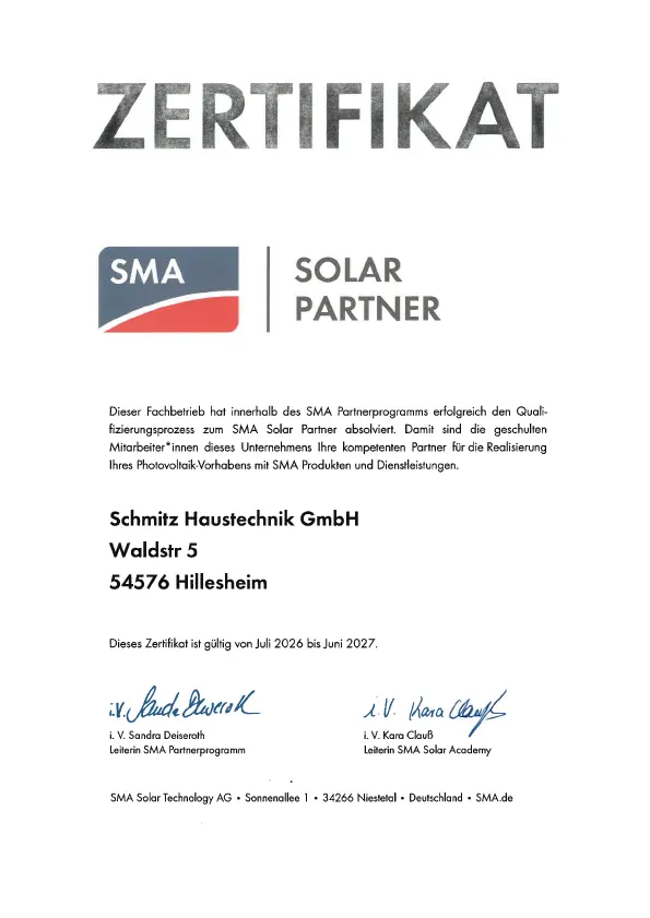 Zertifikat SMA Solar Fachpartner Zertifikat SMA Solar Fachpartner